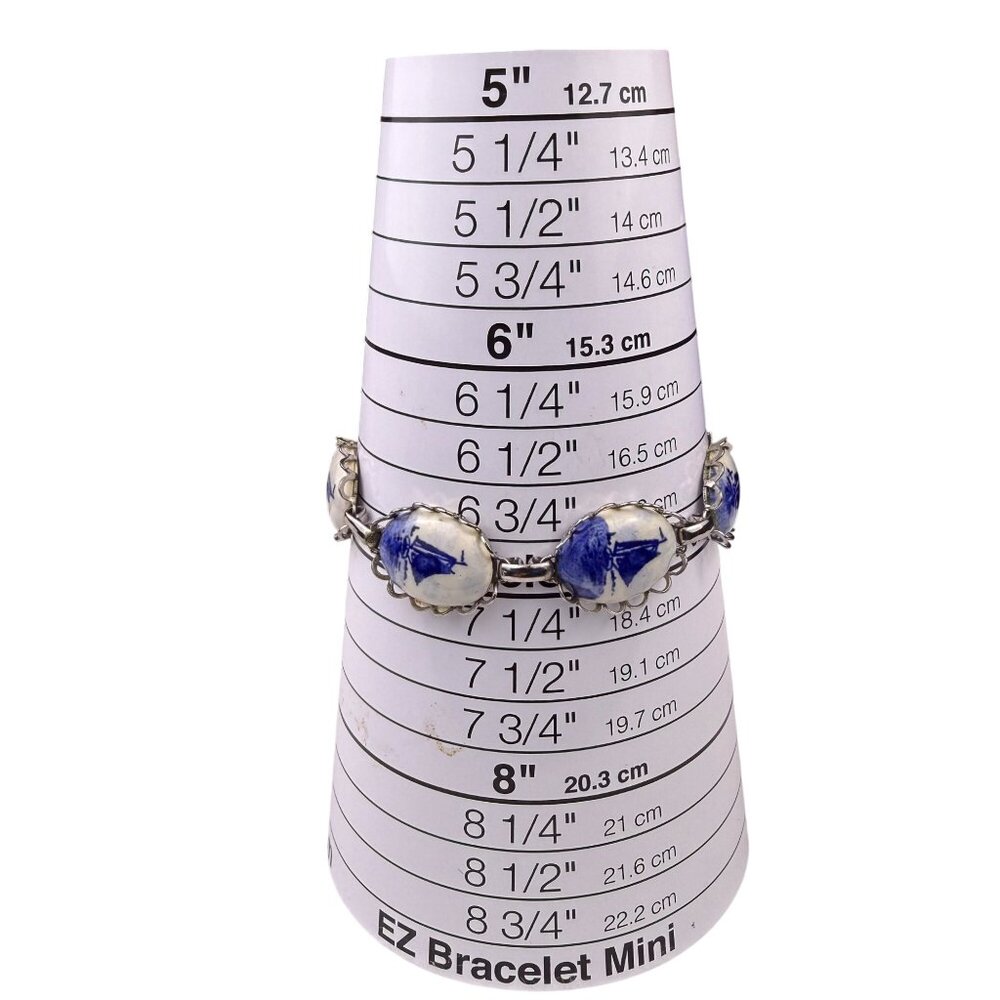 Delft Blue Womens Silver Tone Ceramic Bracelet Hand-Painted Oval Design image 6